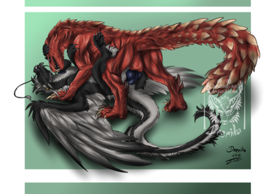 Mounted By Odogaron
art by drerika
Keywords: videogame;monster_hunter;dinosaur;theropod;tyrannosaurus_rex;trex;odogaron;dragoness;male;female;feral;M/F;penis;missionary;vaginal_penetration;spooge;drerika