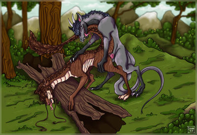 Romp In The Woods
art by drianariya
Keywords: dragon;dragoness;male;female;feral;M/F;penis;from_behind;vaginal_penetration;spooge;drianariya