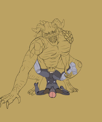 Deathclaw Piledriver
art by drlazaruslamar
Keywords: beast;videogame;fallout;lizard;reptile;deathclaw;anthro;human;man;male;M/M;penis;missionary;anal;spooge;drlazaruslamar