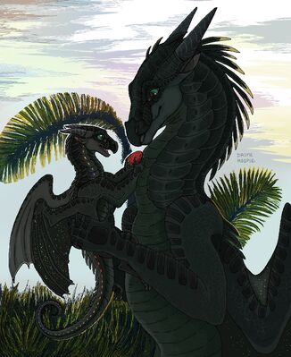 Peacemaker (Wings_of_Fire)
art by drunkmagpie
Keywords: wings_of_fire;rainwing;nightwing;hybrid;peacemaker;foeslayer;dragon;dragoness;male;female;feral;solo;non-adult;drunkmagpie