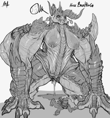 Mating a Deathclaw
art by dryadex
Keywords: beast;videogame;fallout;lizard;reptile;deathclaw;female;anthro;breasts;human;man;male;M/F;penis;vagina;cowgirl;suggestive;spooge;dryadex