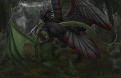 Love In The Forest
art by dsw7
Keywords: dragoness;avian;bird;male;female;anthro;M/F;penis;from_behind;vaginal_penetration;spooge;dsw7