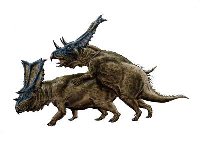 Chasmosaurus Love
art by durbed
Keywords: dinosaur;ceratopsid;chasmosaurus;male;female;feral;M/F;from_behind;durbed