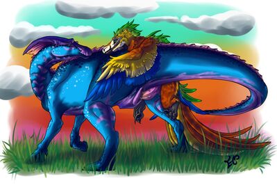 Parasaur and Raptor
art by EliKitten
Keywords: dinosaur;hadrosaur;parasaurolophus;theropod;raptor;male;female;feral;M/F;penis;from_behind;cloacal_penetration;EliKitten