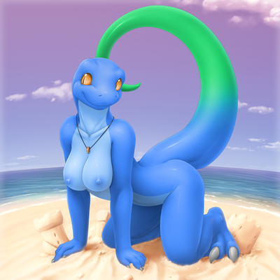 Elizakini Nude
art by vader-san
Keywords: lizard;gecko;female;anthro;breasts;solo;beach;vader-san