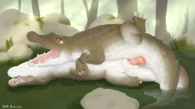 Lovemaking in the Swamp
art by embermint
Keywords: crocodilian;alligator;male;female;feral;M/F;penis;missionary;cloacal_penetration;spooge;embermint