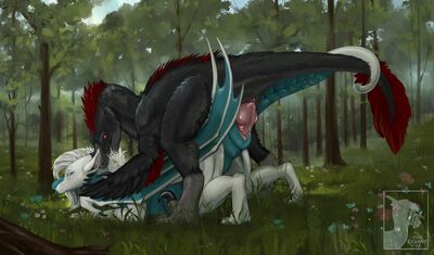 Mounted By A Raptor
art by erganyfox
Keywords: dinosaur;theropod;raptor;dragoness;male;female;feral;M/F;penis;from_behind;vaginal_penetration;erganyfox