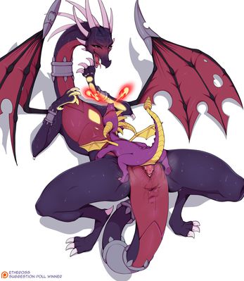 Cynder and Spyro
art by etheross
Keywords: videogame;spyro_the_dragon;spyro;cynder;dragon;dragoness;male;female;feral;M/F;penis;missionary;vaginal_penetration;spooge;etheross