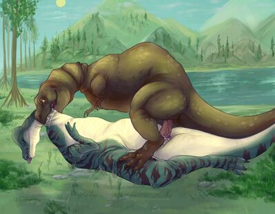 Predator / Prey Relationship
art by etoluloid
Keywords: dinosaur;theropod;tyrannosaurus_rex;trex;hadrosaur;corythosaurus;male;female;feral;M/F;penis;missionary;cloacal_penetration;vore;necro;etoluloid