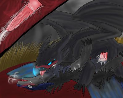 Fangless and Toothless Mating
art by exidusdragonhive
Keywords: how_to_train_your_dragon;httyd;night_fury;toothless;dragon;dragoness;male;female;feral;M/F;penis;missionary;vaginal_penetration;spooge;internal;exidusdragonhive