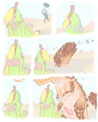 Barroth and Qurupeco
art by fabuchs
Keywords: videogame;monster_hunter;dragon;wyvern;bird_wyvern;barroth;qurupeco;male;female;anthro;breasts;M/F;penis;suggestive;fabuchs