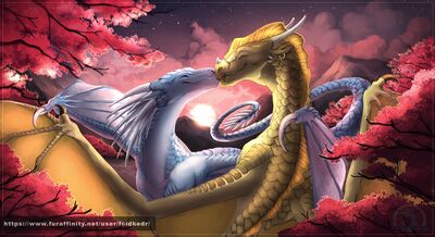 Romantic Date (Wings_of_Fire)
art by feidkedr
Keywords: wings_of_fire;sandwing;icewing;qibli;winter;dragon;male;feral;M/M;romance;suggestive;feidkedr