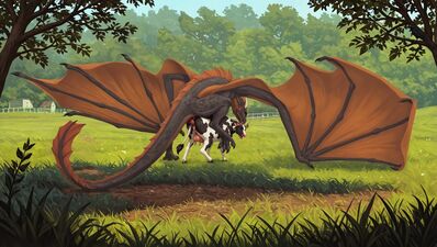 Wyvern Mounts a Cow
art by feisar
Keywords: dragon;wyvern;furry;bovine;cow;male;female;feral;M/F;penis;from_behind;vaginal_penetration;feisar