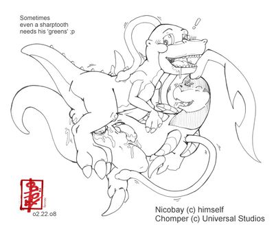 Nico and Chomper
art by fennec
Keywords: cartoon;land_before_time;lbt;anime;pokemon;bayleef;dinosaur;theropod;tyrannosaurus_rex;trex;male;anthro;M/M;penis;missionary;anal;spooge;game