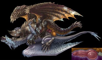 Nergigante and Velkhana Mating
art by feralcatalyst
Keywords: videogame;monster_hunter;alatreon;nergigante;dragon;male;feral;M/M;penis;hemipenis;missionary;internal;anal;spooge;feralcatalyst