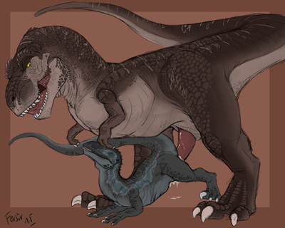 Rex and Blue Mating (colour)
art by fersir
Keywords: jurassic_world;dinosaur;theropod;tyrannosaurus_rex;trex;raptor;deinonychus;blue;male;female;feral;M/F;from_behind;penis;spooge;macro;fersir