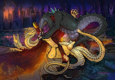 Godzilla, Ghidorah and Rodan
art by firael
Keywords: gojira;godzilla;king_ghidorah;rodan;dragon;wyvern;hydra;male;feral;M/M;threeway;double_penetration;from_behind;cowgirl;anal;tailplay;masturbation;firael