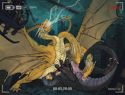 Zilla vs Ghidorah
art by firael
Keywords: godzilla;gojira;ghidorah;hydra;male;feral;M/M;penis;69;oral;anal;rimjob;orgasm;spooge;firael