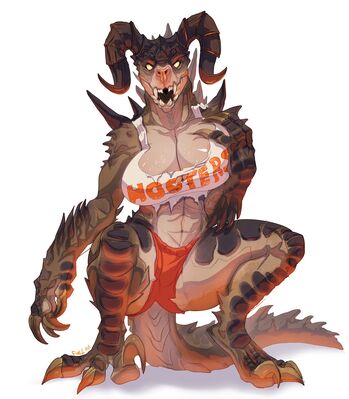 Hooters Deathclaw
art by fivel
Keywords: videogame;fallout;reptile;lizard;deathclaw;female;anthro;breasts;suggestive;humor;fivel