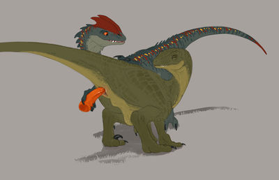 Velociraptor x Dilophosaurus
art by flamespitter
Keywords: dinosaur;theropod;raptor;velociraptor;dilophosaurus;female;feral;lesbian;dildo;masturbation;cloacal_penetration;spooge;flamespitter
