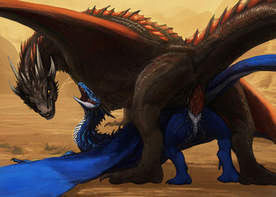 Drogon and Saphira Having Sex
art by flamespitter
Keywords: game_of_thrones;eragon;dragon;dragoness;saphira;drogon;male;female;feral;M/F;penis;from_behind;vaginal_penetration;spooge;flamespitter