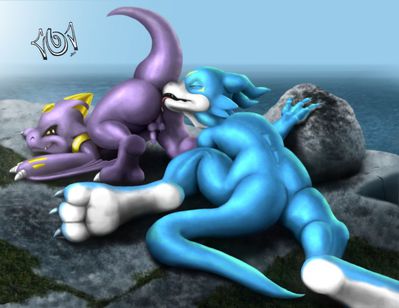 Flamey and Monodramon
art by dudey101
Keywords: anime;digimon;dragon;flamedramon;monodramon;male;anthro;M/M;penis;oral;anal;rimjob;dudey101