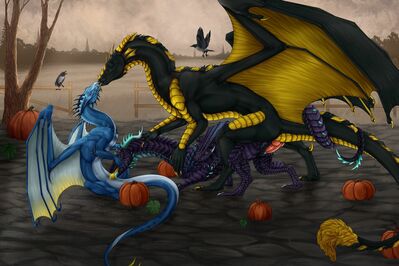 Halloween Spitroast
art by flamingtitania
Keywords: dragon;dragoness;male;female;feral;M/F;threeway;spitroast;penis;from_behind;vaginal_penetration;oral;spooge;holiday;flamingtitania