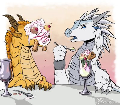 Ice Cream (Wings_of_Fire)
art by flawseer
Keywords: wings_of_fire;sandwing;icewing;qibli;winter;dragon;male;feral;M/M;humor;non-adult;flawseer