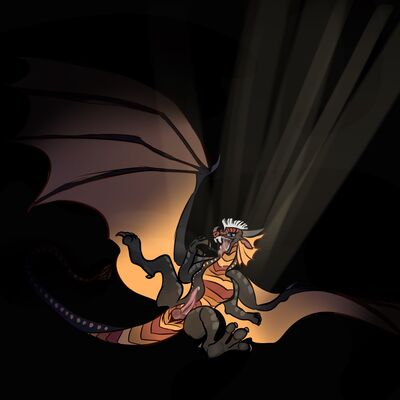 Flicker (Wings_of_Fire)
art by flickerfangs
Keywords: wings_of_fire;rainwing;nightwing;sandwing;hybrid;dragon;male;feral;solo;penis;spooge;flickerfangs