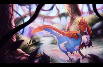Firehawk and Blue Beauty
art by flora-tea
Keywords: dinosaur;theropod;raptor;male;female;feral;M/F;romance;non-adult;flora-tea