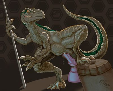 Blue Rides The T-Rex
art by fluzzbuzz
Keywords: jurassic_world;dinosaur;theropod;raptor;deinonychus;blue;female;feral;solo;dildo;vaginal_penetration;masturbation;spooge;fluzzbuzz