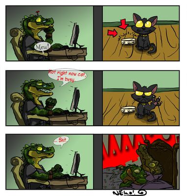 Food Time Meow
Keywords: comic;crocodilian;alligator;female;furry;feline;cat;anthro;humor;non-adult;jesie