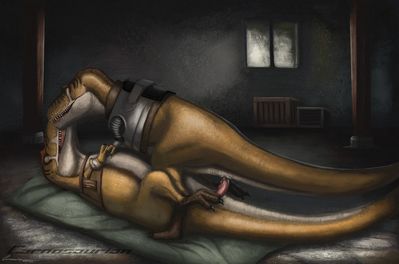 Shelter From The Rain
art by fossilpixel
Keywords: dinosaur;theropod;albertosaurus;male;female;feral;M/F;penis;cowgirl;cloacal_penetration;spooge;fossilpixel