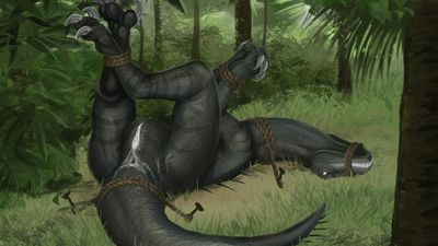 Bound Velociraptor
art by fridaflame
Keywords: dinosaur;theropod;raptor;velociraptor;female;feral;solo;bondage;vagina;spooge;fridaflame