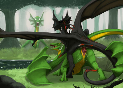 Frilly Interloper
art by flamespitter
Keywords: dragon;dragoness;male;female;feral;M/F;penis;from_behind;vaginal_penetration;spooge;flamespitter