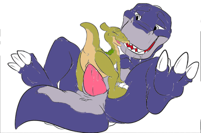 Chomper and Ducky
art by fuf
Keywords: cartoon;land_before_time;lbt;dinosaur;hadrosaur;parasaurolophus;ducky;theropod;tyrannosaurus;trex;chomper;male;female;anthro;M/F;penis;cowgirl;vaginal_penetration;fuf