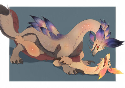 Mizutsune Mating
art by fukashinx
Keywords: videogame;monster_hunter;dragon;dragoness;mizutsune;male;female;feral;M/F;missionary;suggestive;fukashinx