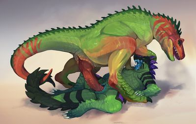 Allosaur and Pervdragon
art by furikake
Keywords: dinosaur;theropod;allosaurus;feral;dragon;anthro;male;female;M/F;penis;missionary;cloacal_penetration;furikake