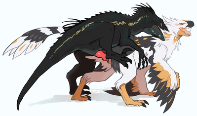 Indoraptor and Velociraptor Mating
art by furikake
Keywords: jurassic_world;dinosaur;theropod;raptor;indominus_rex;indoraptor;hybrid;velociraptor;male;female;feral;M/F;penis;from_behind;cloacal_penetration;furikake