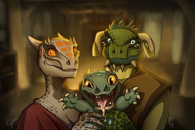 The Happy Argonian Family
art by galoogamelady
Keywords: videogame;skyrim;argonian;male;female;hatchling;anthro;non-adult;galoogamelady