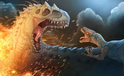 Indominus vs Blue
art by gannypiggy
Keywords: jurassic_world;dinosaur;theropod;indominus_rex;raptor;deinonychus;blue;female;feral;non-adult;gannypiggy