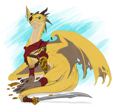 Fortune the Pirate
art by flamespitter
Keywords: dragoness;female;feral;solo;pirate;humor;non-adult;flamespitter