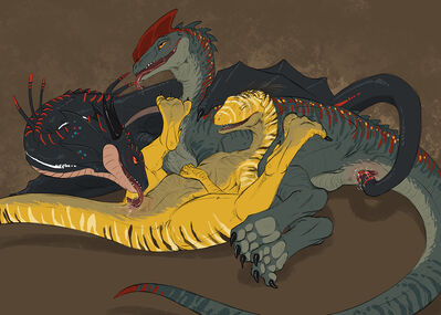 Threesome
art by flamespitter
Keywords: dinosaur;theropod;raptor;dilophosaurus;dragoness;female;feral;lesbian;cloaca;threeway;tailplay;masturbation;oral;cloacal_penetration;spooge;flamespitter