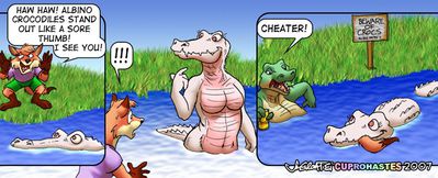 Beware of Crocs
art by cuprohastes
Keywords: comic;crocodilian;crocodile;fury;canine;fox;male;female;anthro;breasts;M/F;solo;humor;cuprohastes