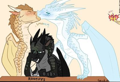 Get A Room (Wings_of_Fire)
art by ge-ck-o
Keywords: wings_of_fire;nightwing;rainwing;icewing;sandwing;moonwatcher;kinkajou;winter;qibli;dragon;dragoness;male;female;feral;M/M;romance;suggestive;humor;ge-ck-o