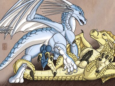 Qibli and Winter (Wings_of_Fire)
art by geowolf
Keywords: wings_of_fire;sandwing;icewing;qibli;winter;dragon;male;feral;M/M;penis;missionary;footjob;masturbation;spooge;geowolf