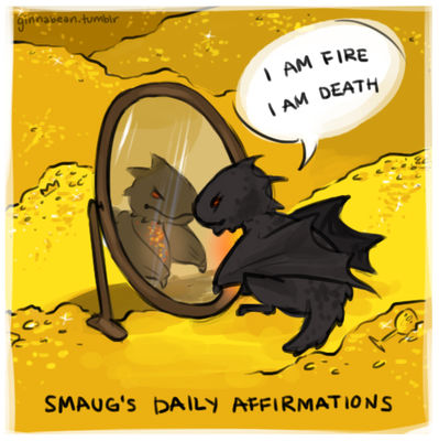 Smaug's Daily Affirmations
art by ginnabean
Keywords: lord_of_the_rings;lotr;dragon;wyvern;smaug;male;feral;humor;solo;non-adult;hoard;ginnabean