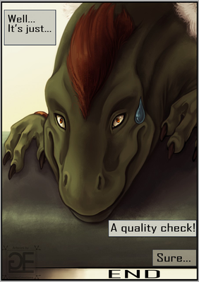 Quality Check 20
art by goldenemotions
Keywords: comic;dinosaur;theropod;raptor;feral;solo;penis;cannon;suggestive;humor;goldenemotions