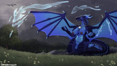 Rain in the Meadow (Wings_of_Fire)
art by goldenyuusha
Keywords: wings_of_fire;seawing;nightwing;hybrid;dragoness;female;anthro;breasts;solo;vagina;goldenyuusha