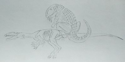 Postosuchus and Gojirasaurus
art by goliathbirdeater
Keywords: dinosaur;theropod;raptor;postosuchus;gojirasaurus;male;female;feral;M/F;penis;from_behind;cloacal_penetration;necro;vore;goliathbirdeater